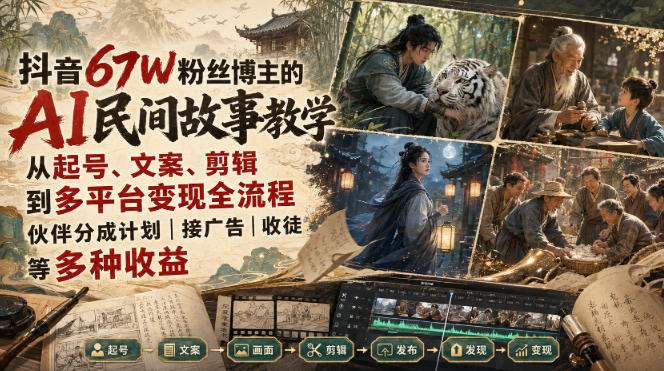 抖音67W粉丝博主的AI民间故事教学,从起号、文案、剪辑到多平台变现全流程,伙伴分成计划接广告等多种收益,月入1W+-旺仔资源库