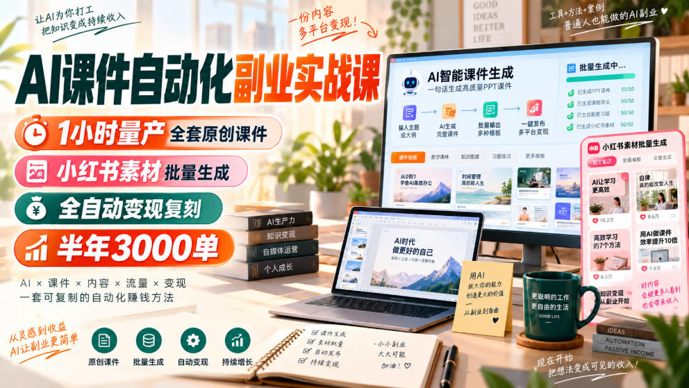 AI课件自动化副业实战课，1小时量产全套原创课件，小红书素材批量生成，全自动变现复刻，半年3000单-旺仔资源库
