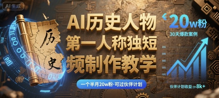 最新AI历史人物第一人称独白短视频制作教学，一个半月20w粉，可过伙伴计划-旺仔资源库