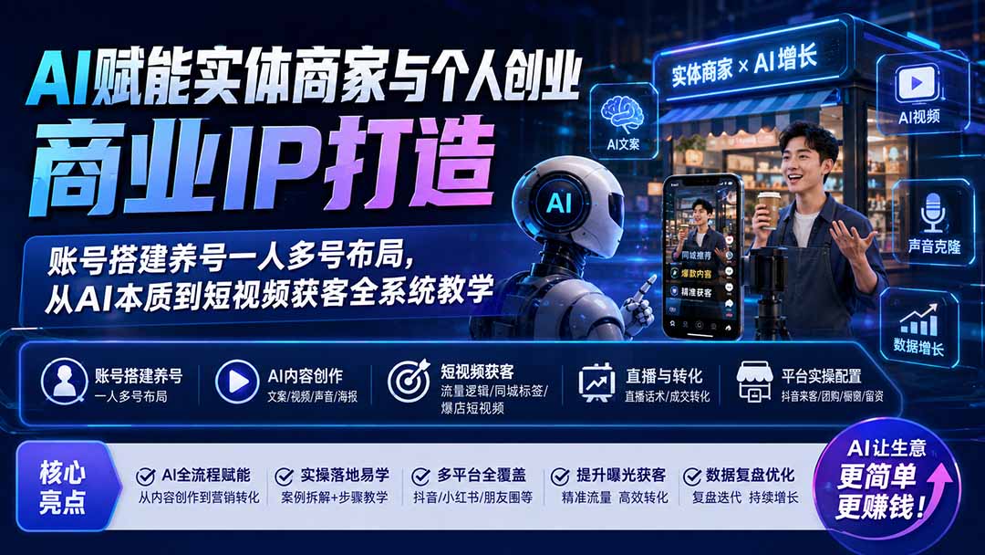 AI赋能实体商家与个人创业商业IP打造;账号搭建养号一人多号布局,从AI本质到短视频获客全系统教学-旺仔资源库