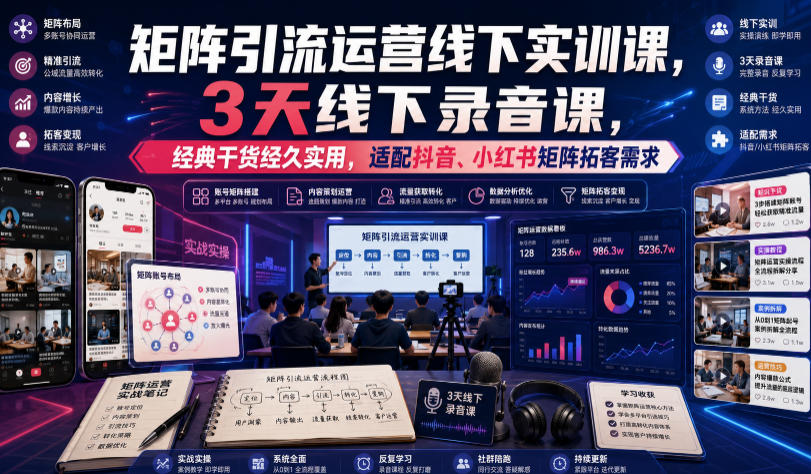 嗨推矩阵引流运营线下实训课,3天线下录音课,经典干货经久实用,适配抖音、小红书矩阵拓客需求-旺仔资源库