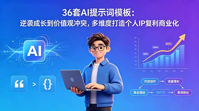 36套AI提示词模板:逆袭成长到价值观冲突,多维度打造个人IP复利商业化-旺仔资源库
