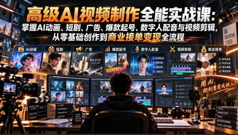 高级AI视频制作全能实战课:掌握AI动画、短剧、广告、爆款起号、数字人配音与视频剪辑,从零基础创作到商业接单变现全流程-旺仔资源库