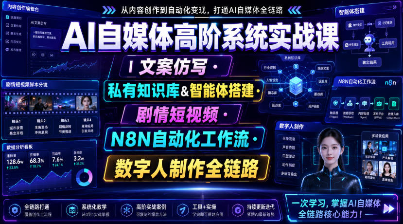 AI自媒体高阶系统实战课|文案仿写・私有知识库&智能体搭建・剧情短视频・N8N自动化工作流・数字人制作全链路-旺仔资源库