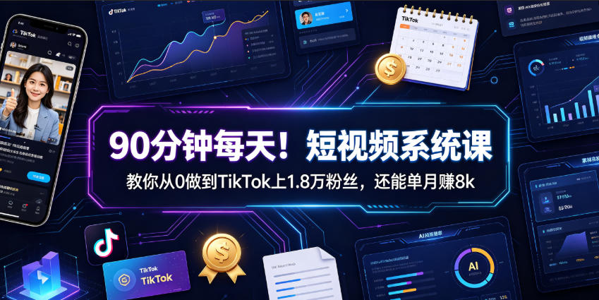 90分钟每天!短视频系统课教你从0做到TikTok上1.8万粉丝,还能单月賺8k【原创双语字幕】-旺仔资源库