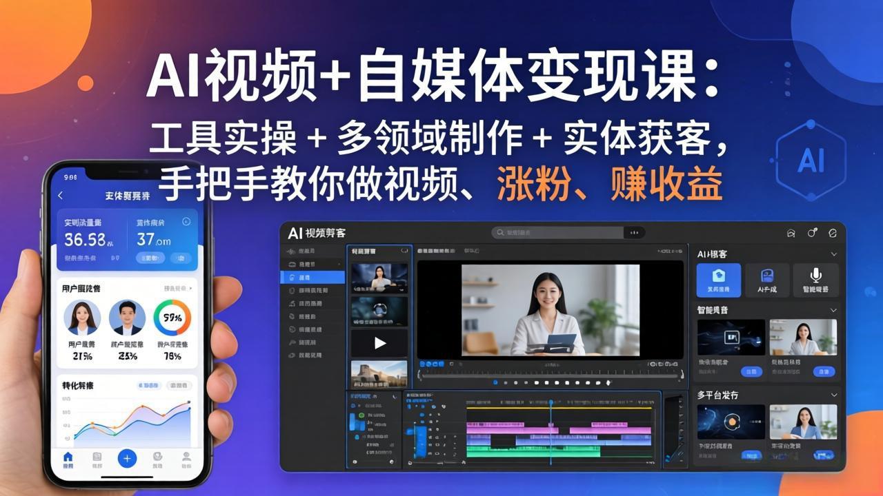 AI视频+自媒体变现课：工具实操 + 多领域制作 + 实体获客，手把手教你做视频、涨粉、赚收益-旺仔资源库