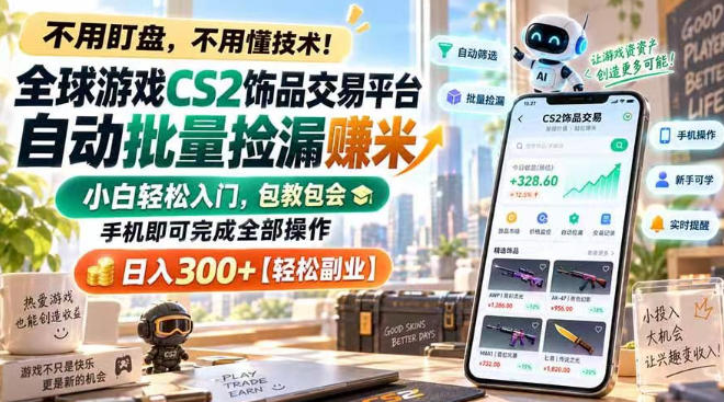 全球游戏CS2饰品交易平台自动批量捡漏賺米,小白轻松入门,包教包会,手机即可完成全部操作,日入300+【揭秘】-旺仔资源库