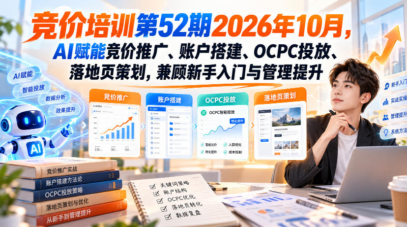 【无水印】竞价培训第52期2026年10月,AI赋能竞价推广、账户搭建、OCPC投放、落地页策划,兼顾新手入门与管理提升-旺仔资源库