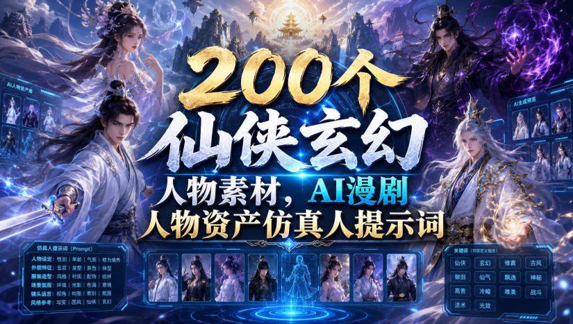 200个仙侠玄幻人物素材,AI漫剧人物资产仿真人提示词-旺仔资源库