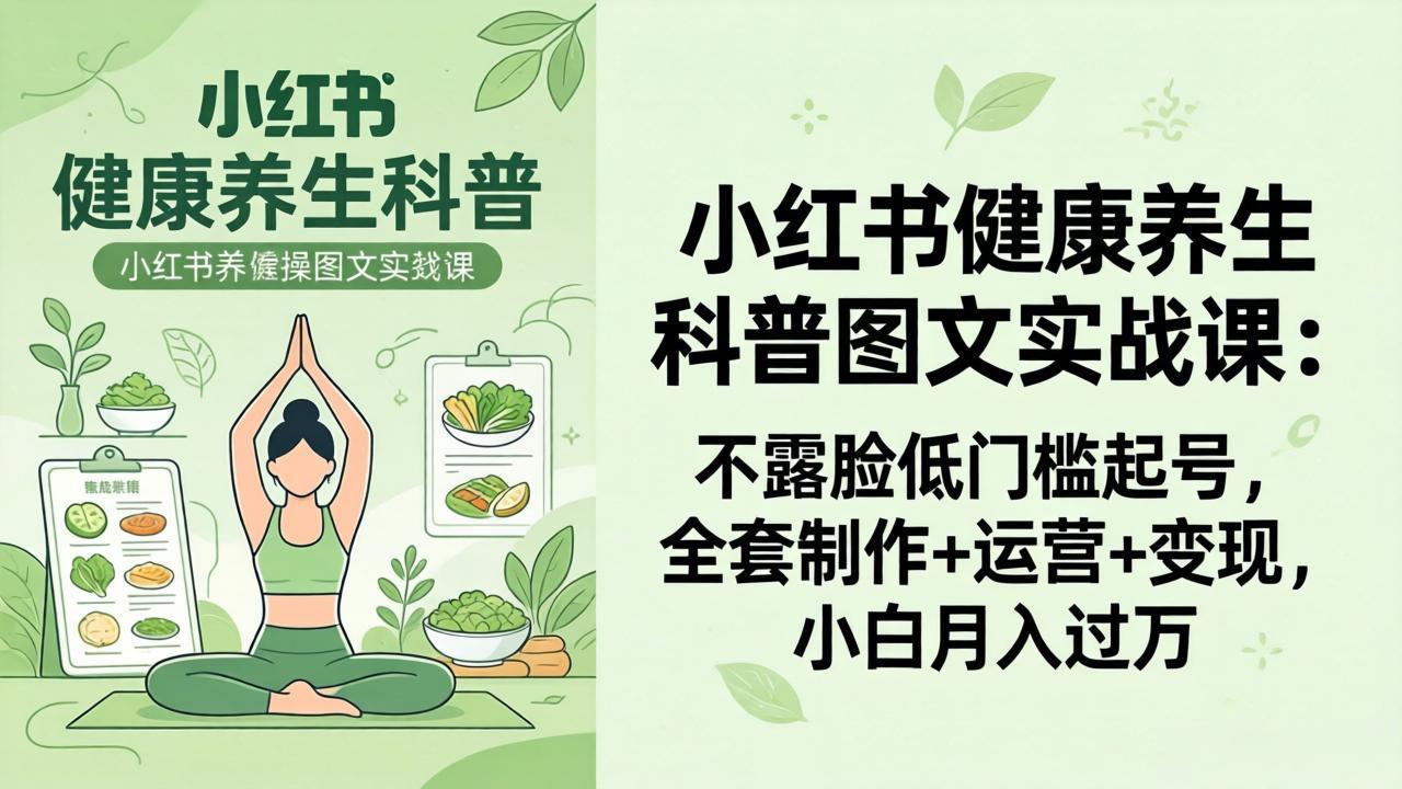 2026小红书健康养生科普图文实战课：不露脸低门槛起号，全套制作+运营+变现，小白月入过万-旺仔资源库