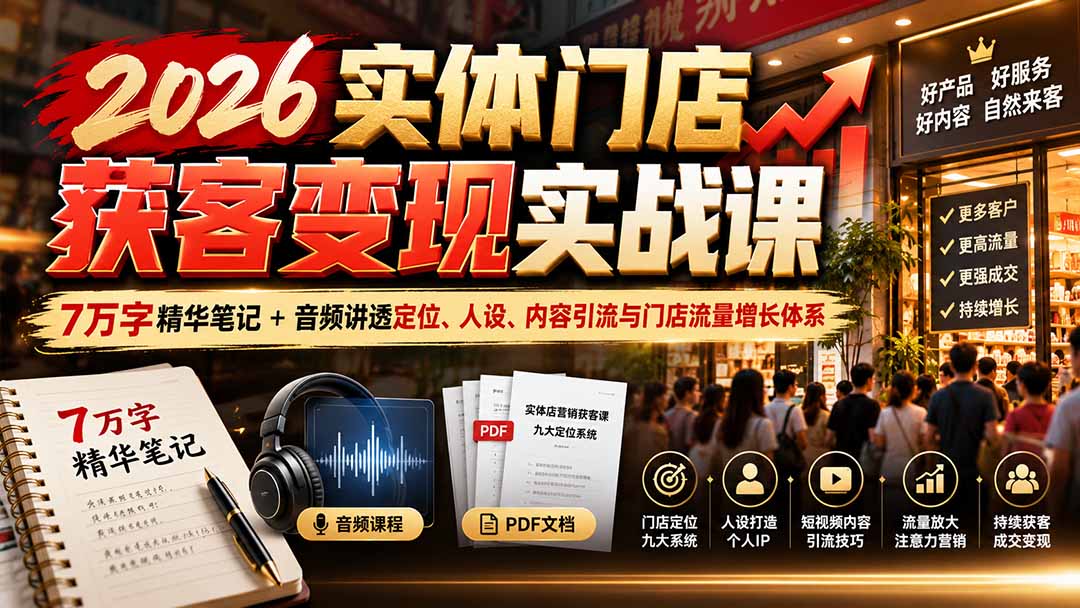 2026实体门店获客变现实战课:7万字精华笔记+音频讲透定位、人设、内容引流与门店流量增长体系-旺仔资源库