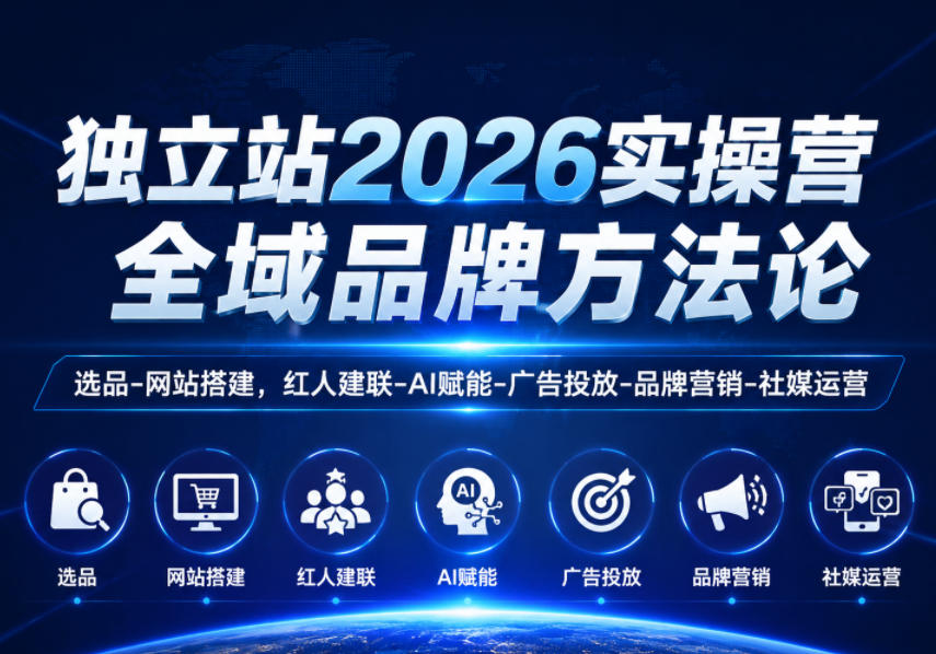 独立站2026实操营,全域品牌方法论,选品-网站搭建,红人建联-AI赋能-广告投放-品牌营销-社煤运营-旺仔资源库