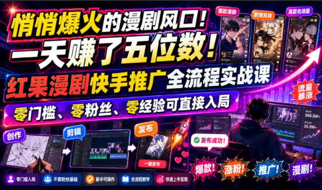 悄悄爆火的漫剧风口！一天賺了五位数！红果漫剧快手推广全流程实战课，零门槛、零粉丝、零经验可直接入局-旺仔资源库