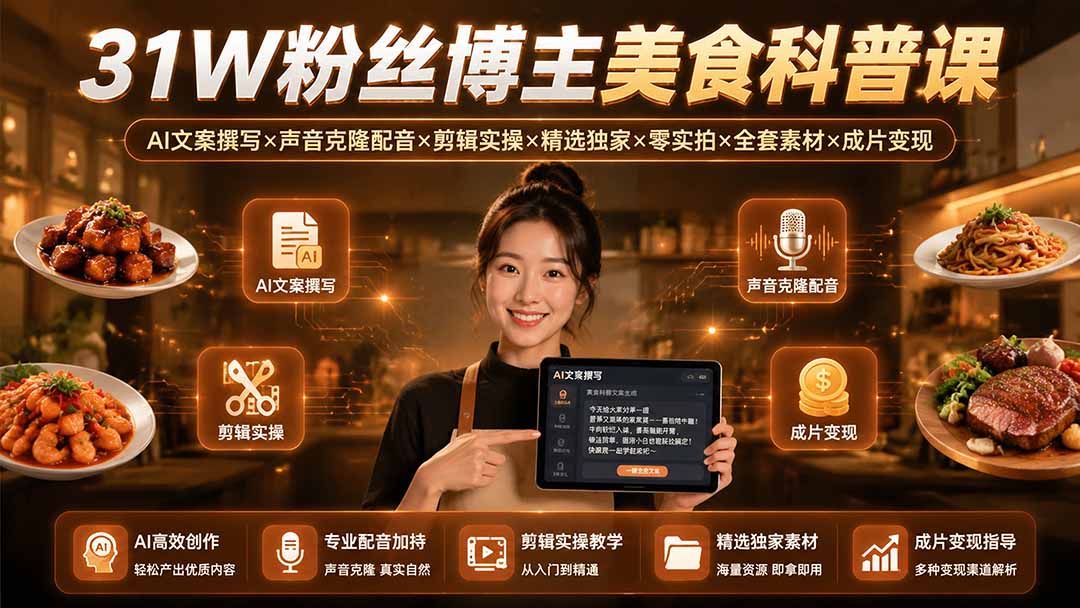 31W粉丝博主美食科普课：AI文案撰写×声音克隆配音×剪辑实操×精选独家×零实拍×全套素材×成片变现-旺仔资源库