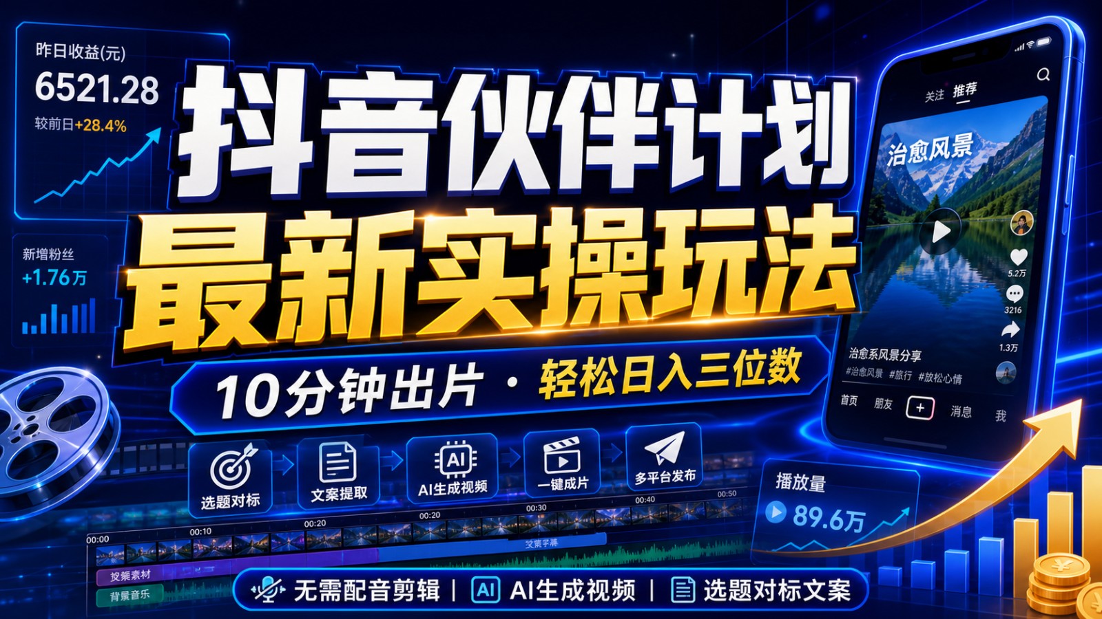 抖音伙伴计划最新暴利玩法，不用找素材和剪辑，10分钟出一条原创视频，轻松日入三位数-旺仔资源库