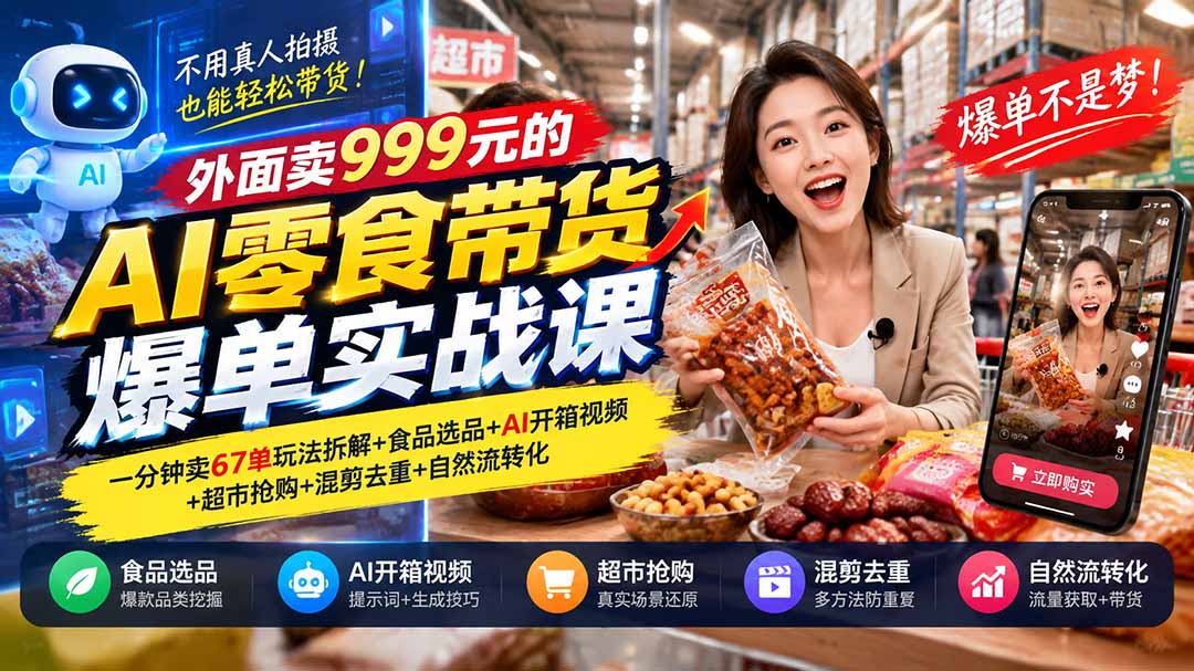 外面卖999元的AI零食带货爆单实战课|一分钟卖67单玩法拆解+食品选品+AI开箱视频+超市抢购+混剪去重+自然流转化-旺仔资源库