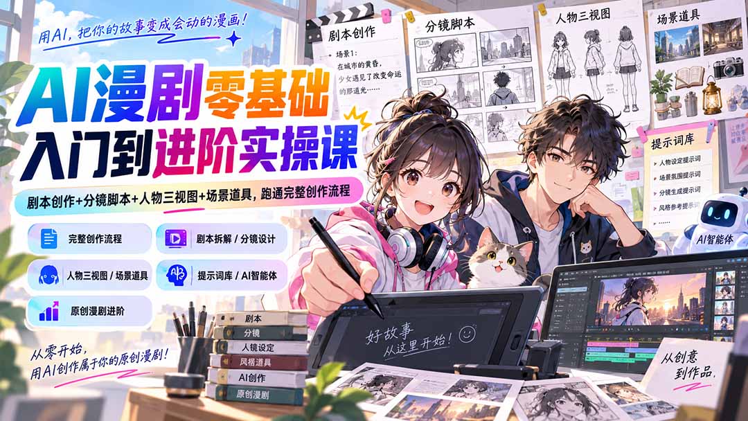 AI漫剧零基础入门到进阶实操课：剧本创作+分镜脚本+人物三视图+场景道具，跑通完整创作流程-旺仔资源库