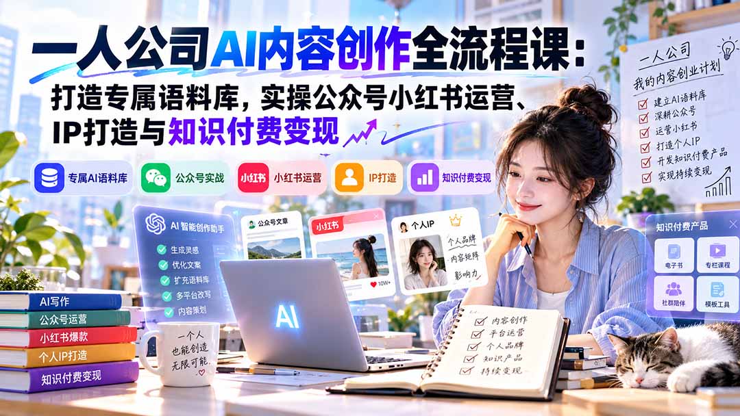 一人公司AI内容创作全流程课：打造专属语料库，实操公众号小红书运营、IP打造与知识付费变现方法论-旺仔资源库