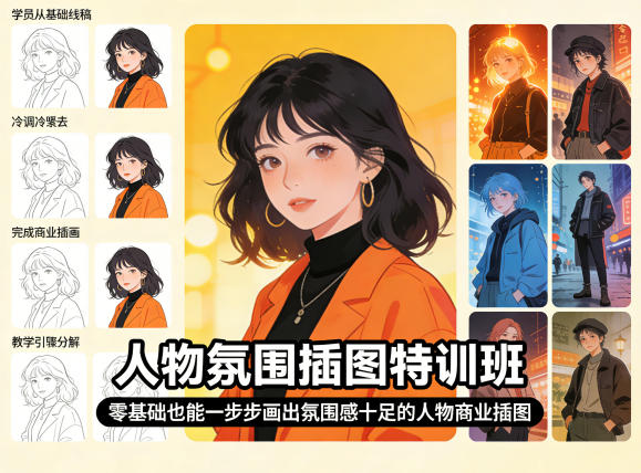 人物氛围插图特训班，零基础也能一步步画出氛围感十足的人物商业插图-旺仔资源库