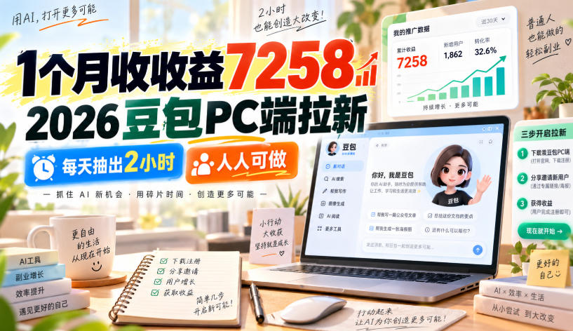 1个月收收益7258，2026豆包PC端拉新，每天抽出2小时，人人可做-旺仔资源库