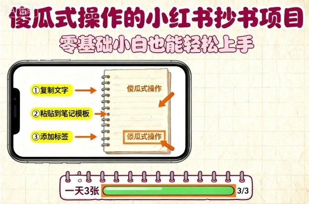 傻瓜式操作的小红书抄书项目，会复制粘贴就行，零基础小白也能一天3张-旺仔资源库