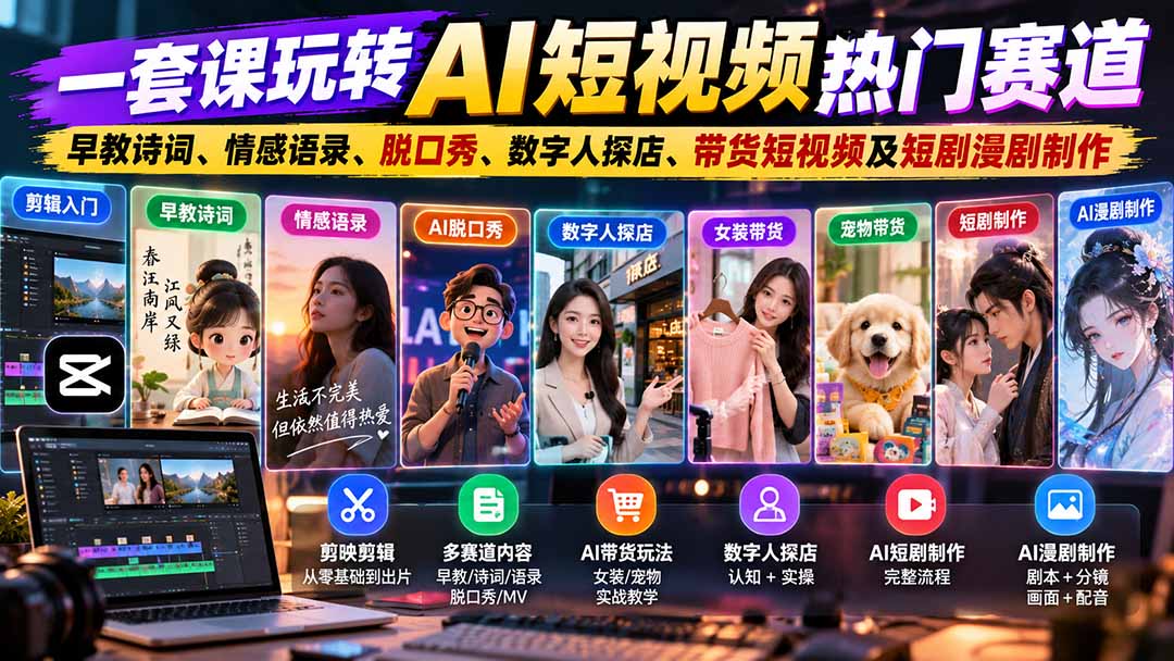 一套课玩转AI短视频热门赛道：早教诗词、情感语录、脱口秀、数字人探店、带货短视频及短剧漫剧制作  复制标题-旺仔资源库