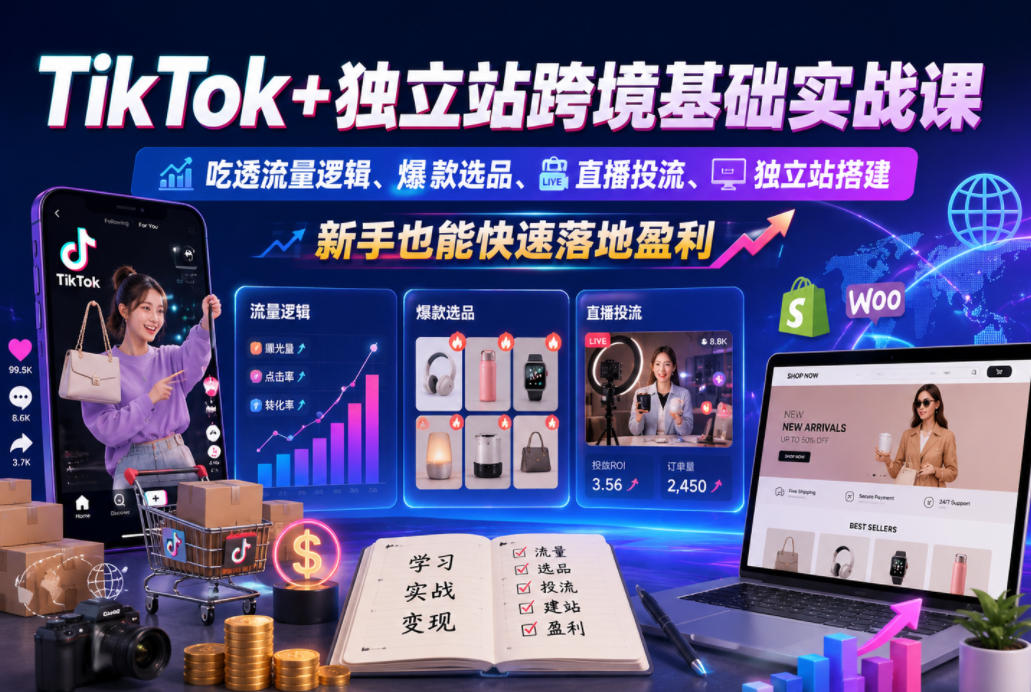 TikTok+独立站跨境基础实战课,吃透流量逻辑、爆款选品、直播投流与独立站搭建,新手也能快速落地盈利-旺仔资源库