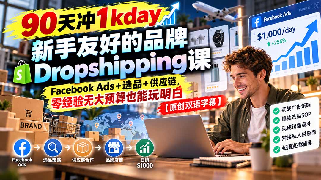 90天冲1kday 新手友好的品牌Dropshipping课：Facebook Ads+选品+供应链，零经验无大预算也能玩明白【原创双语字幕】-旺仔资源库