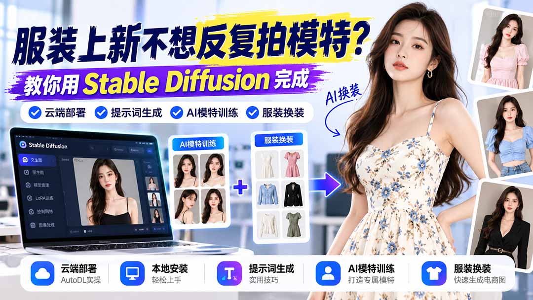 服装上新不想反复拍模特?教你用Stable Diffusion完成云端部署、提示词生成、AI模特训练与换装-旺仔资源库