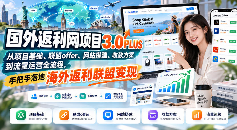 国外返利网项目3.0PLUS,从项目基础、联盟offer、网站搭建、收款方案到流量运营全流程,手把手落地海外返利联盟变现-旺仔资源库
