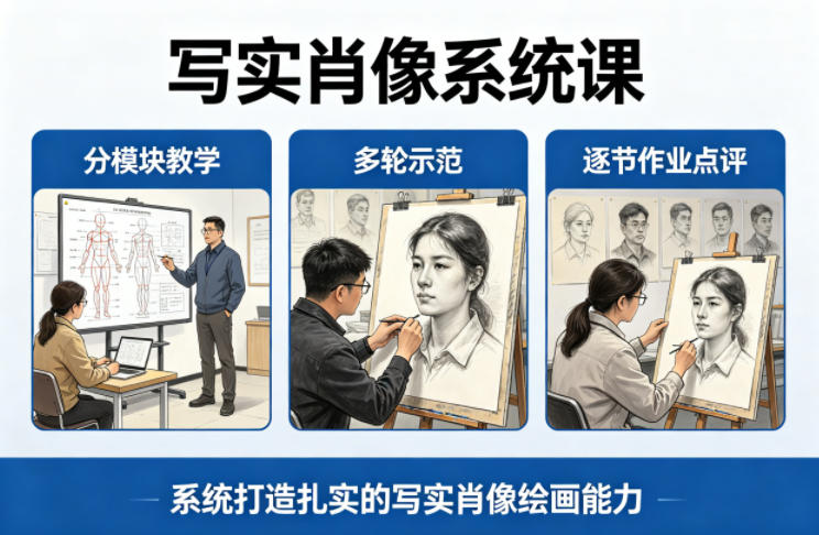 写实肖像系统课，全程分模块教学+多轮示范+逐节作业点评，系统打造扎实的写实肖像绘画能力-旺仔资源库