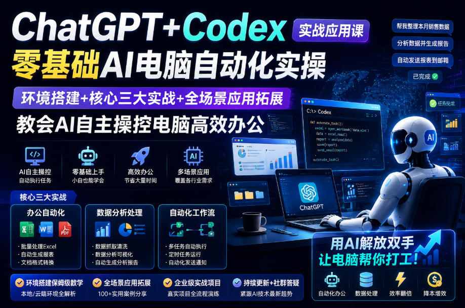 ChatGPT+Codex实战应用课｜零基础AI电脑自动化实操，环境搭建+核心三大实战+全场景应用拓展，教会AI自主操控电脑高效办公-旺仔资源库