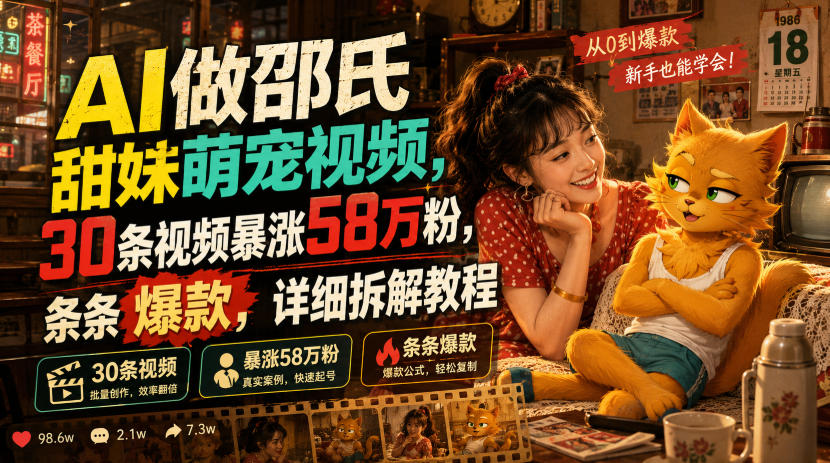 AI做邵氏甜妹萌宠视频，30条视频暴涨58万粉，条条爆款，详细拆解教程-旺仔资源库