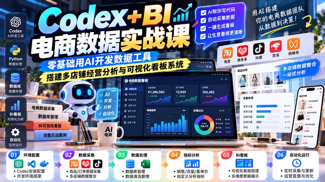 Codex+BI电商数据实战课:零基础用AI开发数据工具,搭建多店铺经营分析与可视化看板系统-旺仔资源库