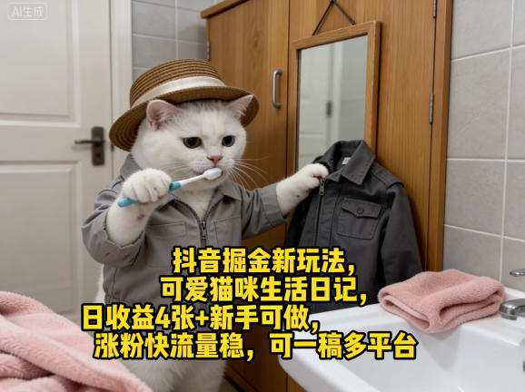 抖音掘金新玩法,可爱猫咪生活日记,日收益4张+新手可做,涨粉快流量稳,可一稿多平台-旺仔资源库