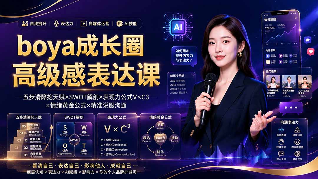 boya成长圈｜内心成长高级表达AI自媒体三合一，消解内耗挖掘天赋，镜头沟通AI指令短视频全流程教学-旺仔资源库