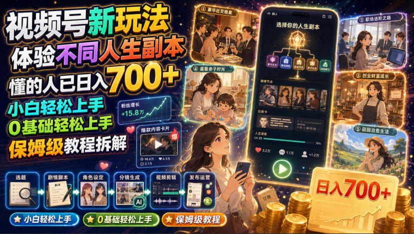 视频号新玩法体验不同人生副本,懂的人已日入700+,小白轻松上手,0基础轻松上手,保姆级教程拆解-旺仔资源库
