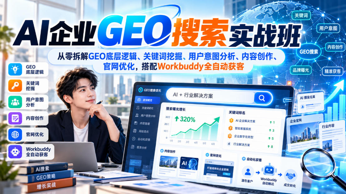AI企业GEO搜索实战班，从零拆解GEO底层逻辑、关键词挖掘、用户意图分析、内容创作、官网优化，搭配Workbuddy全自动获客-旺仔资源库