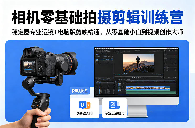 相机零基础拍摄剪辑训练营:稳定器专业运镜+电脑版剪映精通,从零基础小白到视频创作大师-旺仔资源库