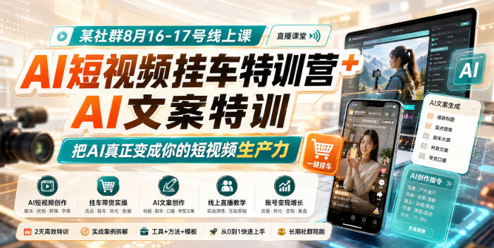 某社群8月16-17号线上课，AI短视频挂车特训营+AI文案特训，把AI真正变成你的短视频生产力-旺仔资源库