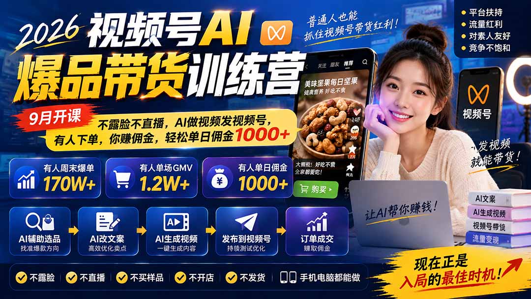 2026视频号AI爆品带货训练营-9月开课|不露脸不直播,AI做视频发视频号,有人下单,你赚佣金,轻松单日佣金1000+-旺仔资源库