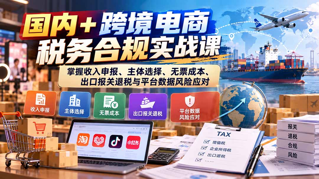 国内+跨境电商税务合规实战课:掌握收入申报、主体选择、无票成本、出口报关退税与平台数据风险应对-旺仔资源库