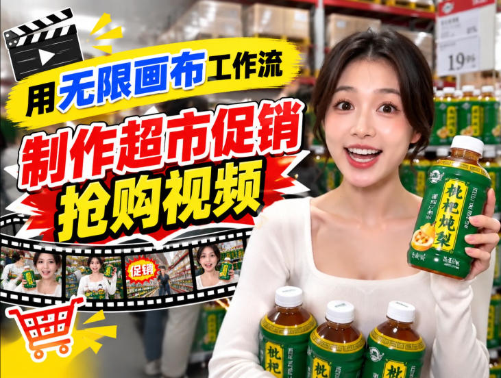 无限画布超市促销抢购视频工作流，一键产出TikTok抖音带货短视频-旺仔资源库
