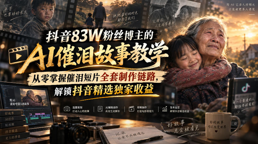 抖音83W粉丝博主的AI催泪故事教学,从零掌握催泪短片全套制作链路,解锁抖音精选独家收益-旺仔资源库