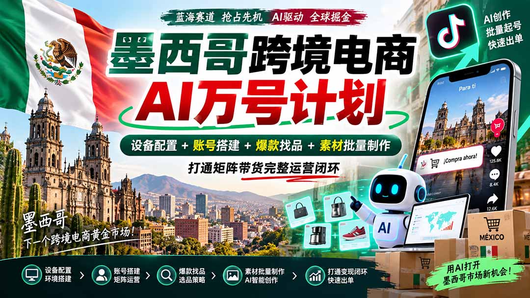 墨西哥AI跨境电商万号计划|设备配置+账号搭建+爆款找品+素材批量制作,打通矩阵带货完整运营闭环-旺仔资源库