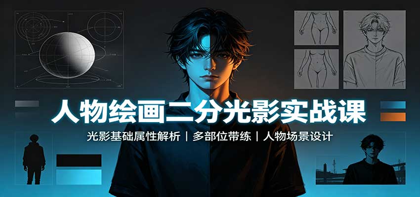 人物绘画二分光影实战课：光影基础属性解析，多部位带练，人物场景设计-旺仔资源库