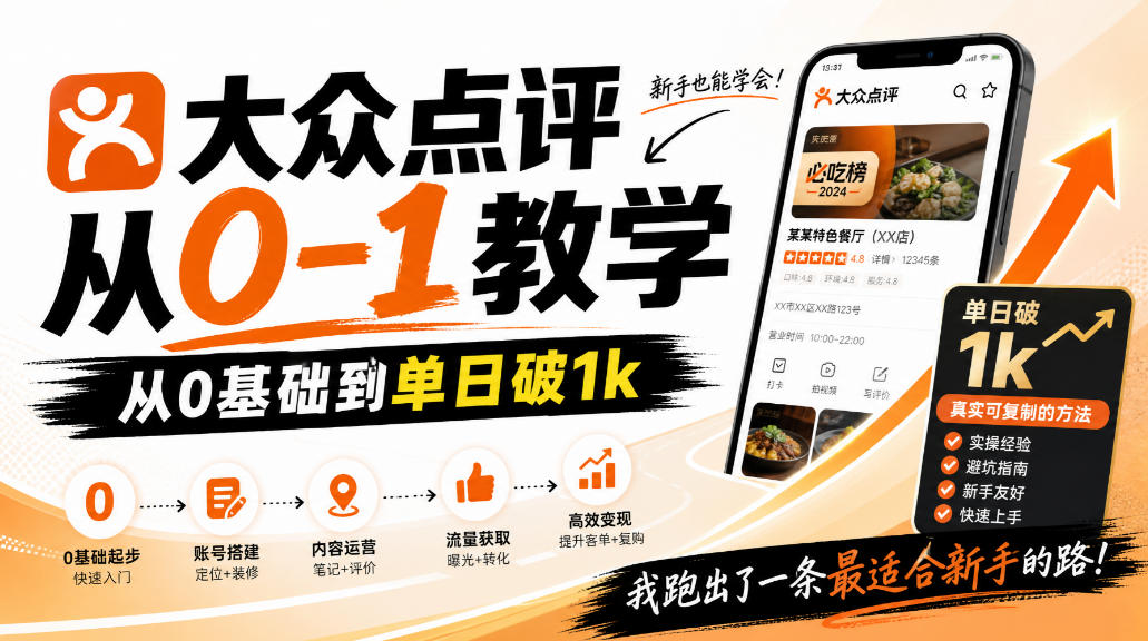 大众点评分成从0-1教学，从0基础到单日破1k，我跑出了一条最适合新手的路-旺仔资源库