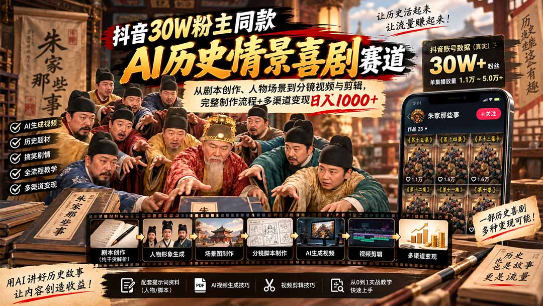 抖音30W粉博主同款AI历史情景喜剧赛道:从剧本创作、人物场景到分镜视频与剪辑,完整制作流程+多渠道变现日入1000+-旺仔资源库