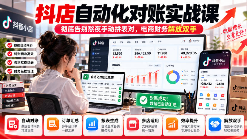 抖店自动化对账实战课,彻底告别熬夜手动拼表对,账电商财务解放双手-旺仔资源库