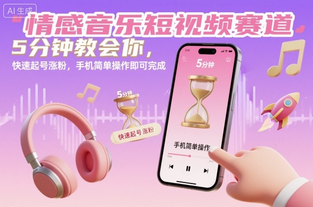情感音乐短视频赛道,5分钟教会你,快速起号涨粉,手机简单操作即可完成-旺仔资源库